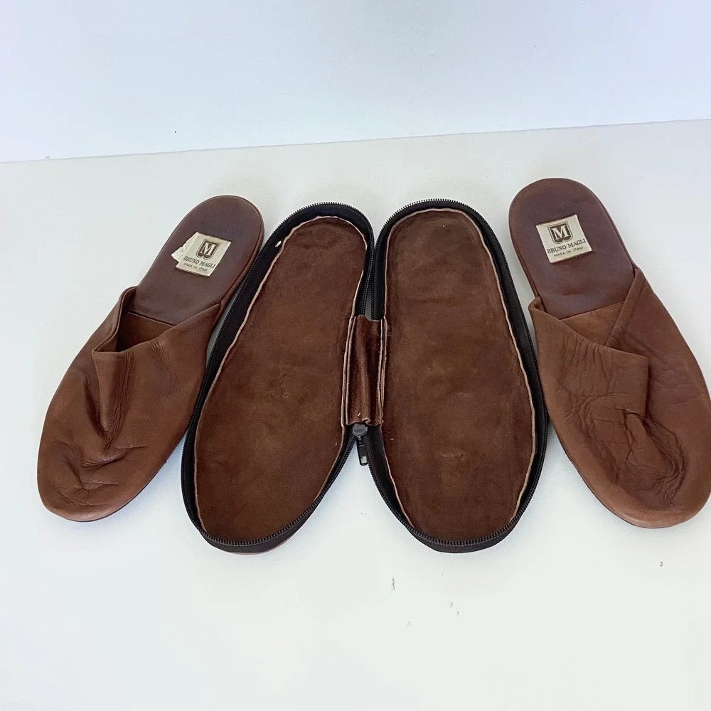 Bruno Magli Morano Mens Brown Leather Travel Slippers with Zipper Pouch Size 11